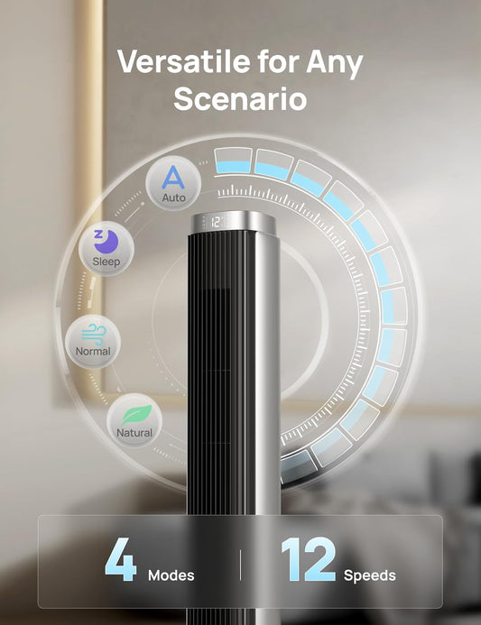 Tower Fan for Bedroom, Standing Oscillating Fan with 40ft Far Airflow, 20dB Quiet, 12 Speeds, 28ft/s Velocity, Smart Control, DC Motor, 42 inch, 90° Oscillation, 4 Modes, 12H Timer, Pilot Pro S