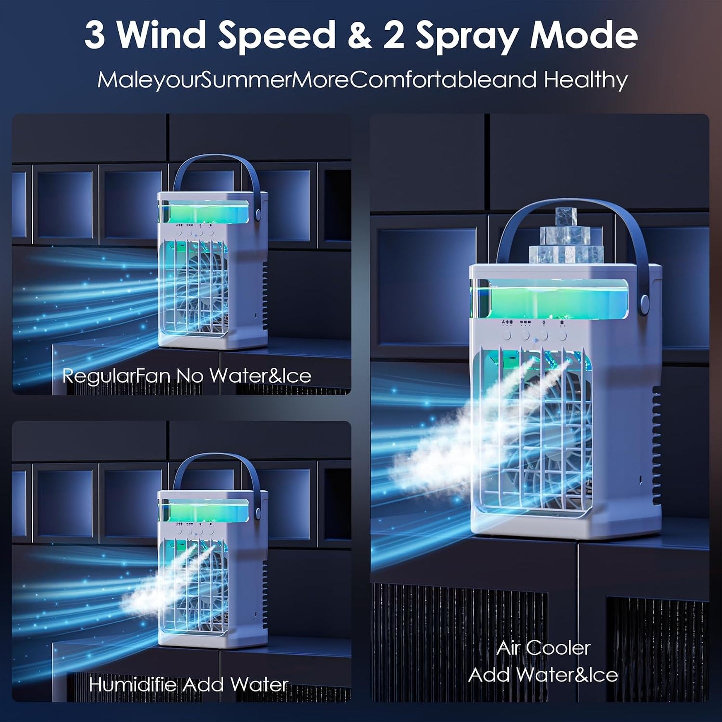 Portable Air Conditioner, Cooling Fan 3 Speeds & 3 Modes Personal Cooling Fan Mini Air Conditioner Fan with Remote, 1500ML Water Tank, Night Light, No battery, for Home Office Bedroom