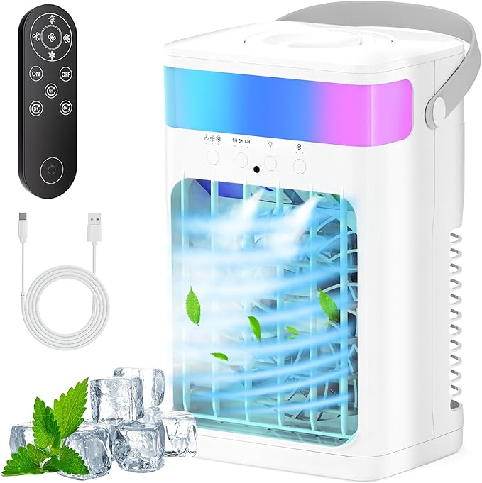 Portable Air Conditioner, Cooling Fan 3 Speeds & 3 Modes Personal Cooling Fan Mini Air Conditioner Fan with Remote, 1500ML Water Tank, Night Light, No battery, for Home Office Bedroom