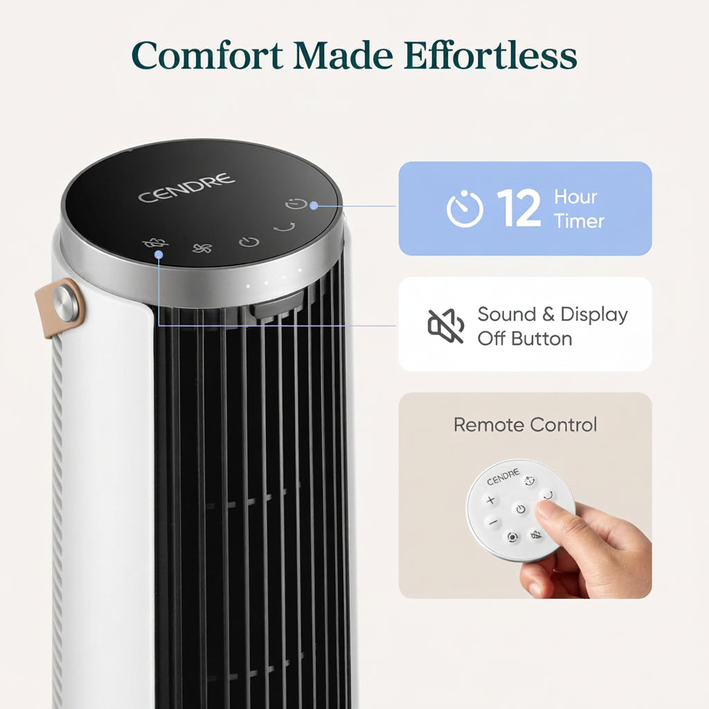 Cendre Quiet 5-Speed Oscillating Tower Fan with Remote