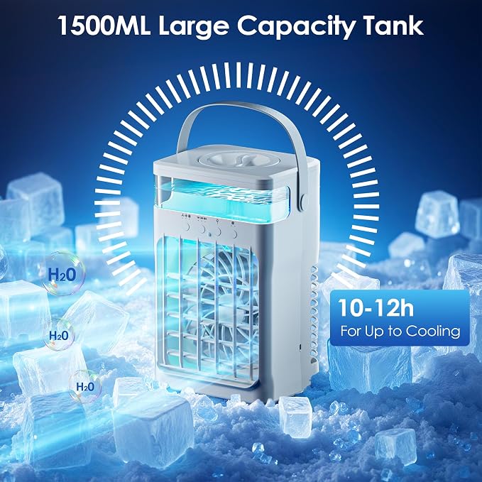 Portable Air Conditioner, Cooling Fan 3 Speeds & 3 Modes Personal Cooling Fan Mini Air Conditioner Fan with Remote, 1500ML Water Tank, Night Light, No battery, for Home Office Bedroom