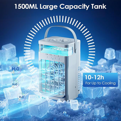 Portable Air Conditioner, Cooling Fan 3 Speeds & 3 Modes Personal Cooling Fan Mini Air Conditioner Fan with Remote, 1500ML Water Tank, Night Light, No battery, for Home Office Bedroom
