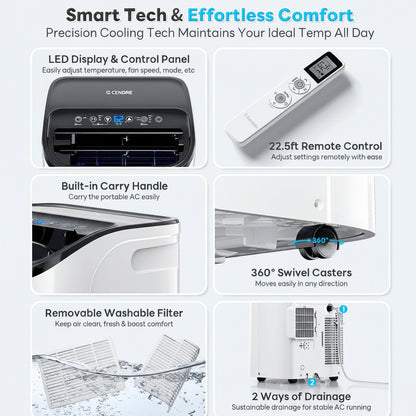 Cendre 14,000 BTU Smart Portable Air Conditioner with WiFi & Remote