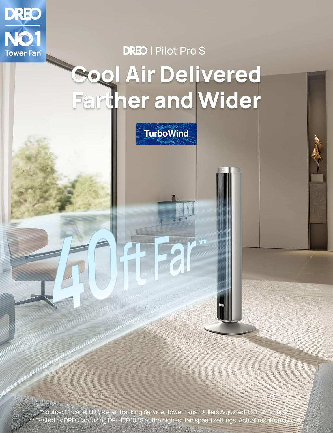 Tower Fan for Bedroom, Standing Oscillating Fan with 40ft Far Airflow, 20dB Quiet, 12 Speeds, 28ft/s Velocity, Smart Control, DC Motor, 42 inch, 90° Oscillation, 4 Modes, 12H Timer, Pilot Pro S