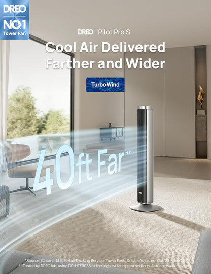 Tower Fan for Bedroom, Standing Oscillating Fan with 40ft Far Airflow, 20dB Quiet, 12 Speeds, 28ft/s Velocity, Smart Control, DC Motor, 42 inch, 90° Oscillation, 4 Modes, 12H Timer, Pilot Pro S